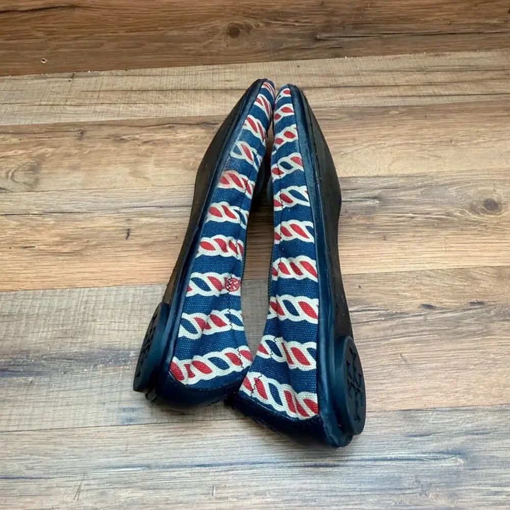 Tory Burch size 9.5 Blue & Red Striped Leather Flats